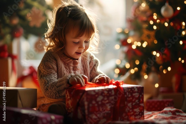 Fototapeta A child opening a present on Christmas morning and being surprised