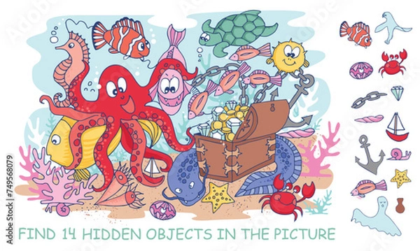 Fototapeta Find hidden objects in the picture. Underwater world. Marine animals and fish life. Hidden object puzzle game. Vector illustration of funny cartoon characters