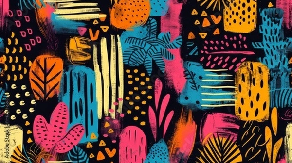 Fototapeta Vibrant abstract tropical foliage pattern with energetic marks and textures.