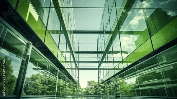 Fototapeta The pedestrian path runs between modern, fully glazed buildings. Bright sunny day with reflection of trees in glass
