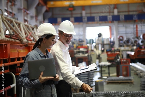 Fototapeta worker or engineer working in factory with safety uniform , safety hat and safety glasses , image is safety concept or happy workplace