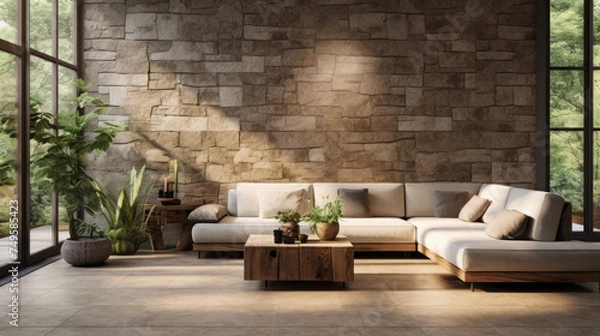 Fototapeta A chic living room featuring a stone wall, natural light, and various plants for a biophilic touch