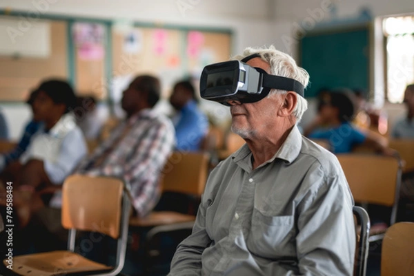 Fototapeta An elder man sits amidst a diverse classroom group, his face upturned and eyes covered by a virtual reality headset, immersed in a digital learning session.