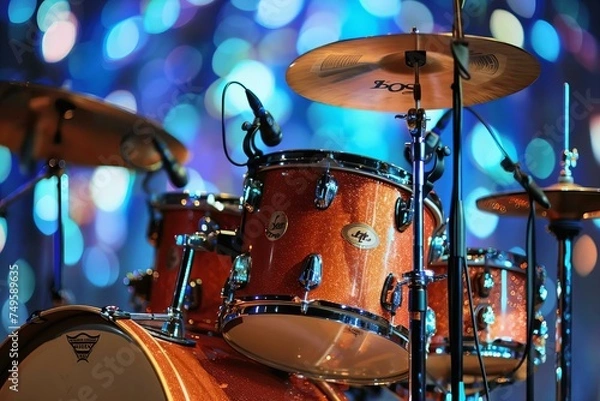 Fototapeta Drum Kit on Stage with Blurred Background