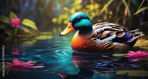 Obraz Illustrate a realistic scene of a neon-feathered duck wading in shallow water, with the vibrant colors casting a radiant glow on the surrounding flora. -AI Generative