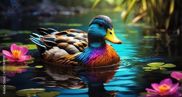 Fototapeta Illustrate a realistic scene of a neon-feathered duck wading in shallow water, with the vibrant colors casting a radiant glow on the surrounding flora. -AI Generative