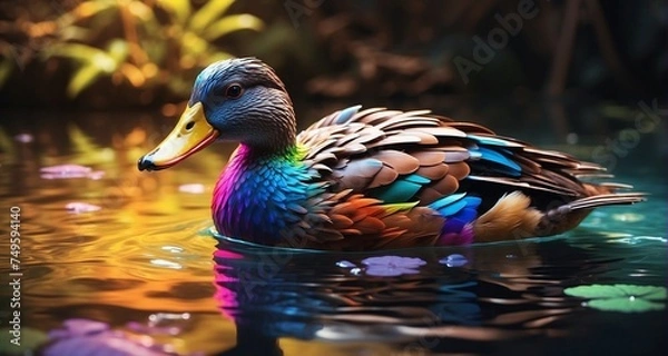 Fototapeta Illustrate a realistic scene of a neon-feathered duck wading in shallow water, with the vibrant colors casting a radiant glow on the surrounding flora. -AI Generative