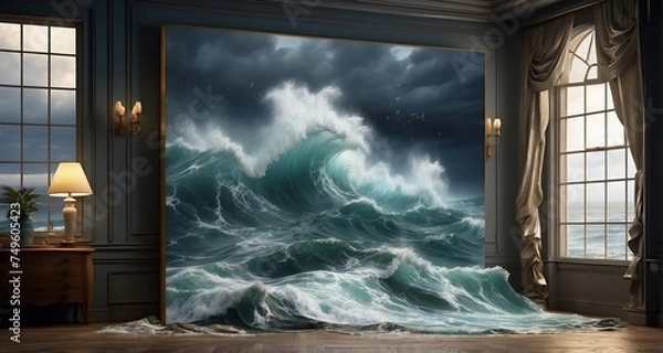Fototapeta Showcase an ultra-realistic depiction of crashing waves spilling over the frame of a painting into a room during a stormy night. Capture the dramatic lighting, including flashes of light-AI Generative