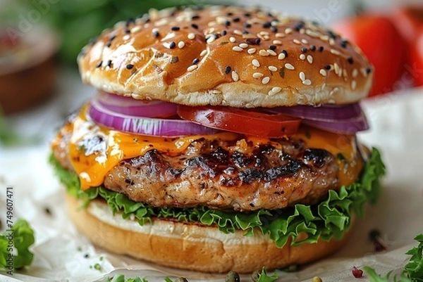 Fototapeta delicious homemade burger of beef, cheese and vegetables on an old wooden table.