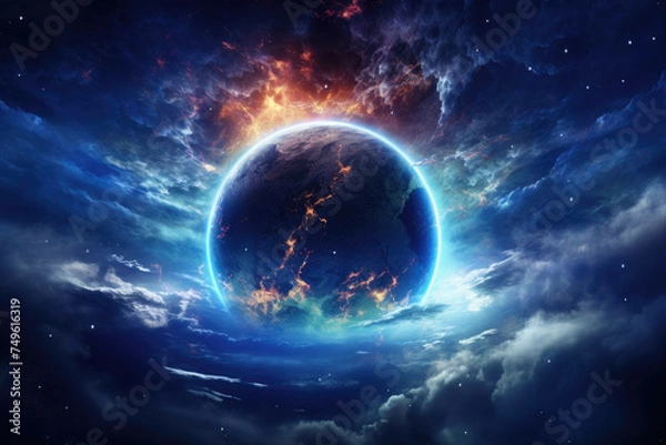 Fototapeta Majestic planet with swirling clouds and sparkling stars.