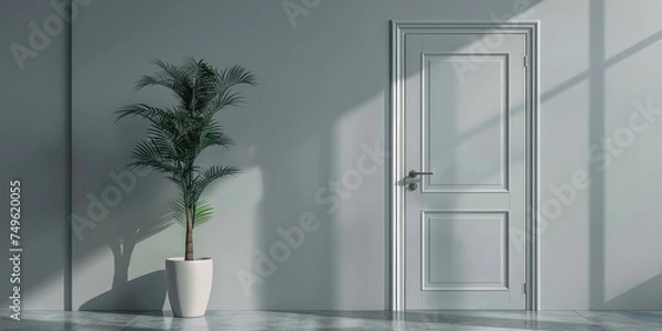 Fototapeta Paneled door set in a matching wall with elegant wainscoting in the sunlight.