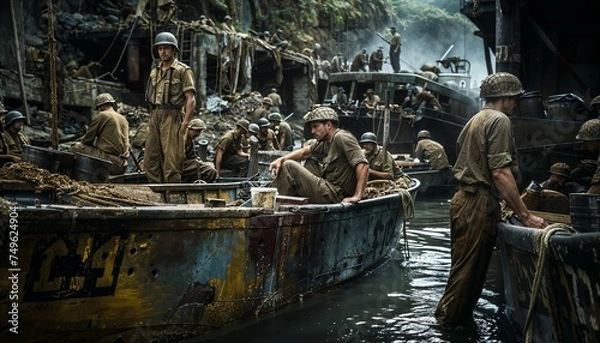 Fototapeta Photo of World War II marines, WWII, soldiers, war scene, soldiers fighting in war, a group of soldiers during second world war, camaraderie, soldier in combat