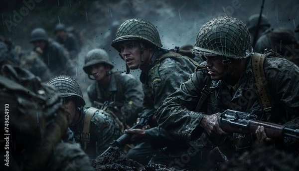 Fototapeta Photo of World War II marines, WWII, soldiers, war scene, soldiers fighting in war, a group of soldiers during second world war, camaraderie, soldier in combat