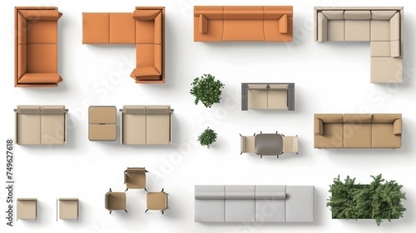 Fototapeta sofa furniture on top view for architecture use. florplan concept