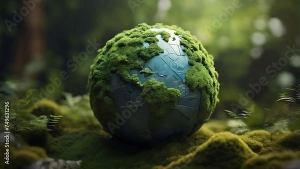 Fototapeta Generative AI illustration of conceptual 3D globe with continents and live green plants emerging set on mossy terrain against a blurred background