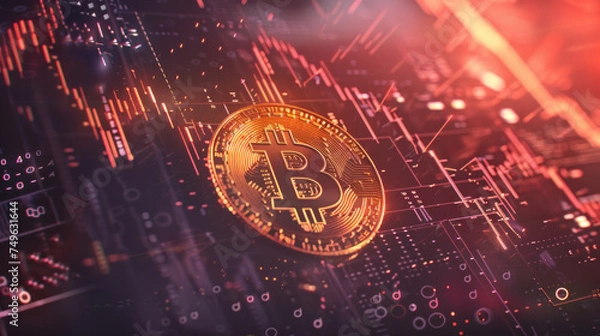 Obraz Neon Technology Market Graph: Illustration of stock market data overlaid on binary code against a digital background, emitting futuristic neon lights