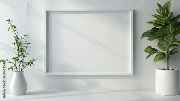 Fototapeta A minimalist white picture frame hangs on the back wall. Add simplicity but elegance to the space.