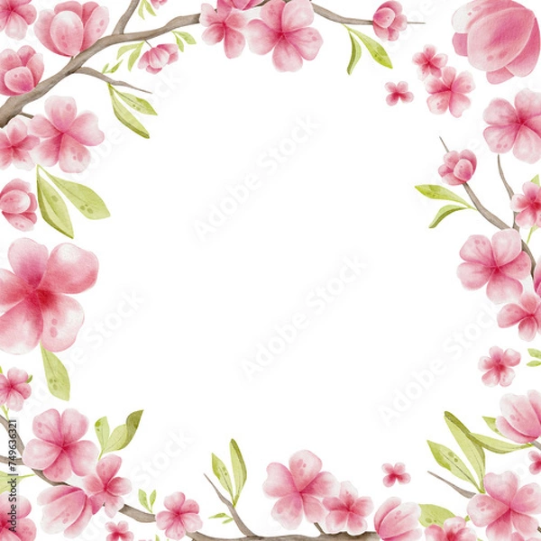 Fototapeta Watercolor light pink cherry blossom flowers and petals frame, border, copy space. Hand drawn sakura illustration.