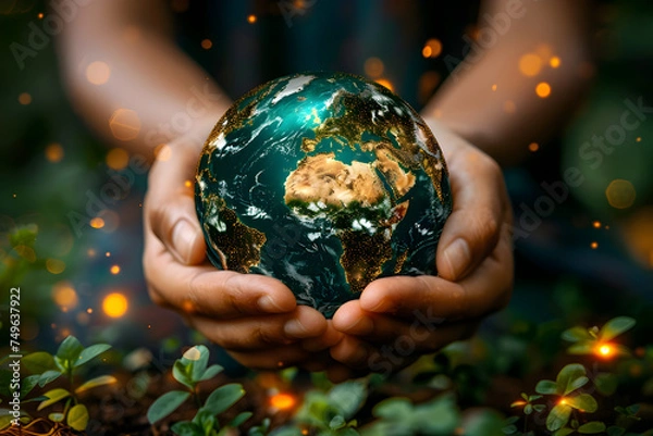 Fototapeta Hand Holding Glowing Globe in Green and Gold Stylized Forest