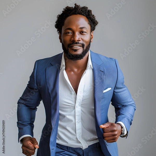 Fototapeta Studio Portrait of a Handsome Black Man in Suit Running
