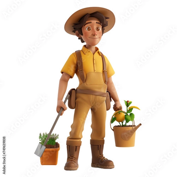 Fototapeta gardener farmer  with a watering can -  vector cartoon illustration isolated on white background 3d render Generative AI