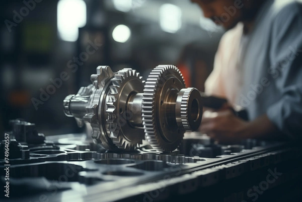 Fototapeta Abstract gear wheel mechanism background, machine and engineering tool equipment technology