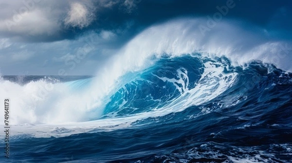 Fototapeta Powerful colossal ocean wave crashing under clear blue sky, side view perspective