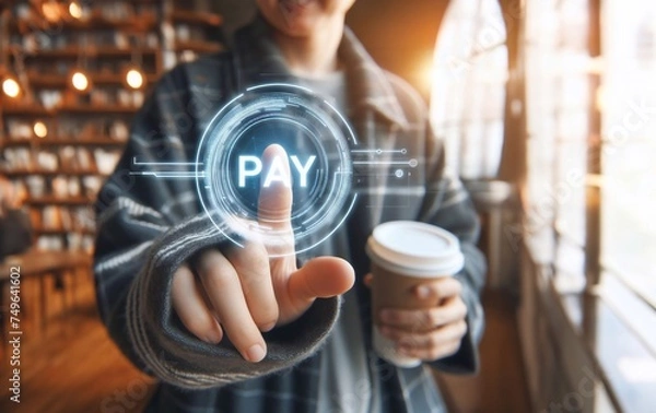 Obraz Modern people use holographic payment technology. generative ai art