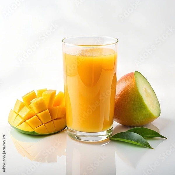 Fototapeta mango freshly squeezed juice in a glass cup with ice. The drink is isolated on a white background.