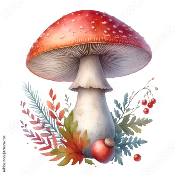 Fototapeta Fly agaric mushrooms in a forest, vibrant red with white spots, amid green grass and autumn foliage, symbolizing the beauty and toxicity of nature's fungi