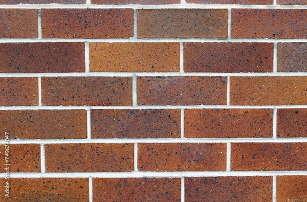 Fototapeta Close up textured background of a red-brown brick wall with white mortar