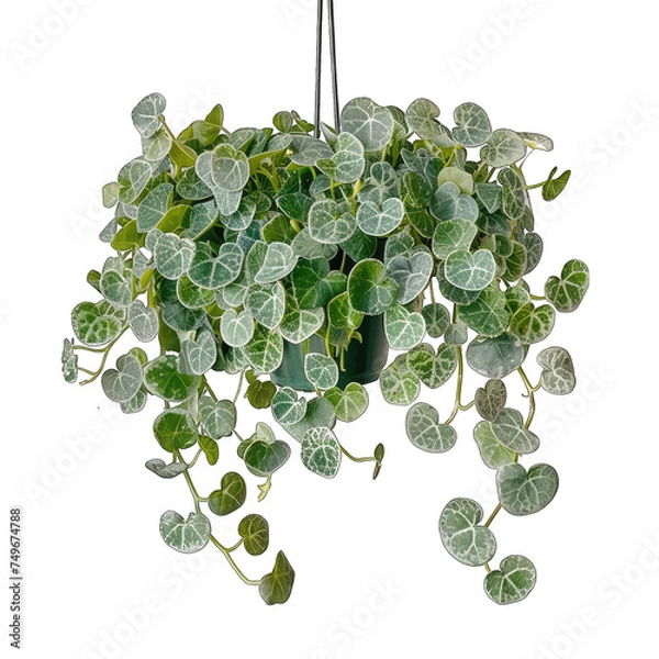 Fototapeta Striped Green Transparent Ceropegia Woodii Silver Glory String of Hearts on White Background