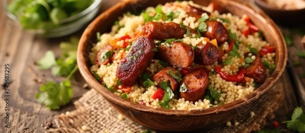 Fototapeta A wooden bowl is packed with fluffy white rice and slices of savory sausage, creating a delicious and satisfying meal.