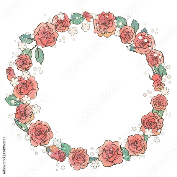 Obraz 少女漫画風・アナログ手描きの薔薇の円形フレーム