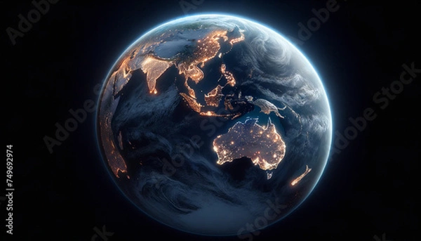 Fototapeta he Earth from space at night, presenting the entire planet with Australia prominently at the center wallpaper background
