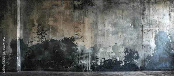 Fototapeta An empty room with a concrete wall covered in peeling paint, showcasing a stark and deteriorating environment. The peeling paint highlights the neglect of the space, creating a sense of decay and