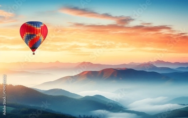 Fototapeta Hot air balloon flying over the mountains at sunrise