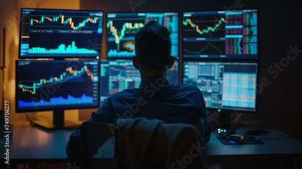 Obraz Man Engaged in Virtual Trading amidst Glowing Market Graphs. A trader immersed in a virtual reality simulation of live market analytics, hands raised to navigate the digital interface. Bull Run.