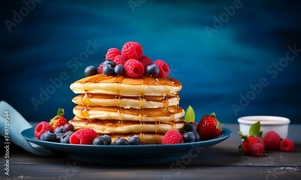 Obraz A stack of fluffy pancakes with a pat of melting butter and a drizzle of maple syrup