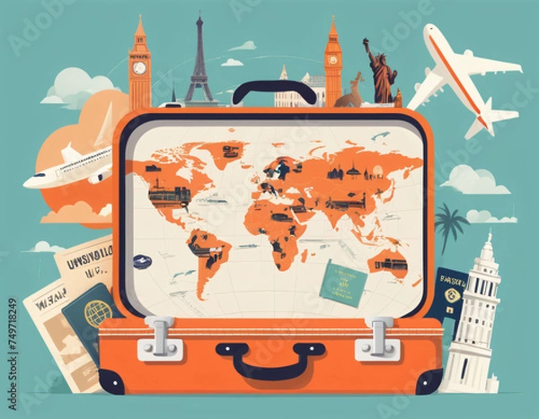 Obraz travel background with suitcase and map