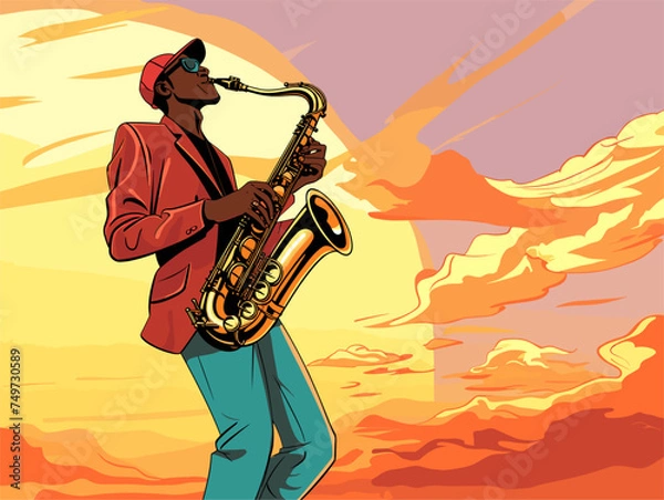 Obraz saxophone player in sunset scene