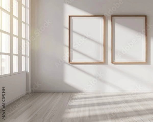 Fototapeta Two clean and streamlined wooden frame blank mockups mounted on a white wall, illuminated by natural sunlight from the side, featuring an organic texture and bright photography setting.