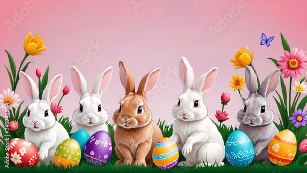 Obraz Colourful easter banner with bunnies eggs and flowers
