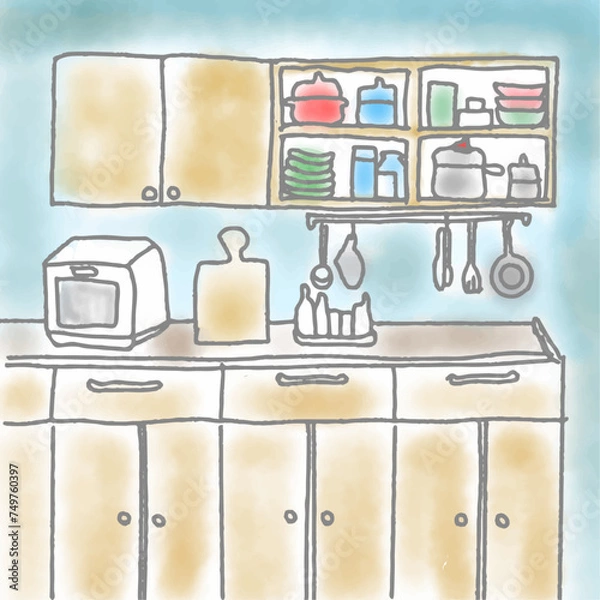 Fototapeta 北欧風キッチン木目ブルー