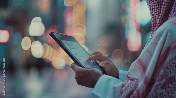 Fototapeta Arabic man wearing a Saudi bisht, holds a tablet device in his hand, taking notes on the device, planning work, blur background.