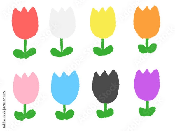 Obraz 子どもがクレヨンで描いたような手書き風の可愛いいろいろな色のチューリップのセット（ベクター版）