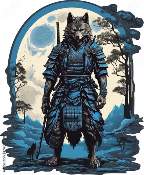 Fototapeta Wolf samurai with blue moon vector illustration for t-shirt design. 