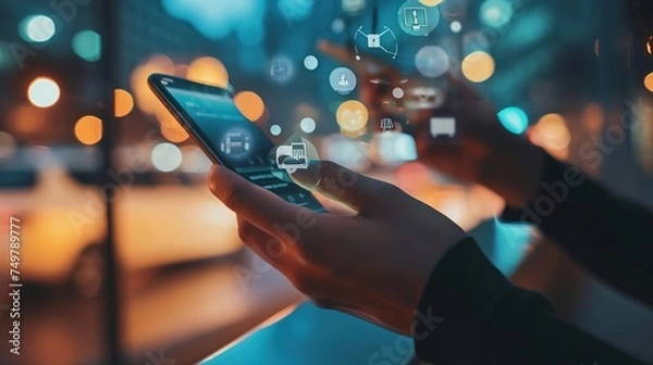 Fototapeta Businesspeople using a mobile device to make an online payment using an icon application.