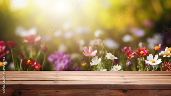Obraz A wooden table against a spring flower meadow background