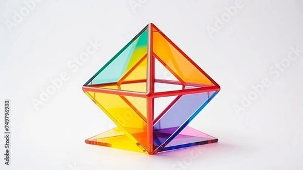Fototapeta Colorful Abstract Geometrical Composition - Prism, Pyramid, Rectangular Cube, Dodecahedron on White Paper Background